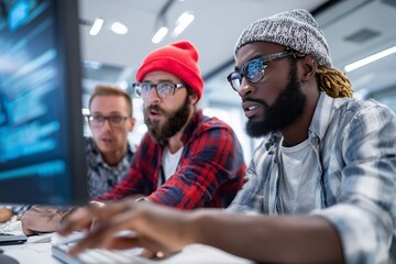 Focused group of young developers collaborating at computer in modern office, immersed in writing code and solving problems, representing teamwork and tech innovation