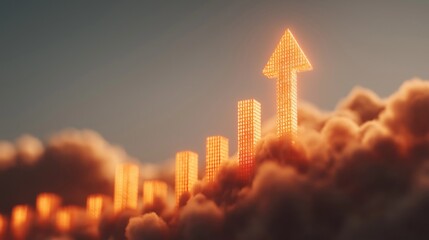 Glowing financial bar chart with binary code texture, topped by an upward arrow, emerging from dark clouds, representing digital business growth