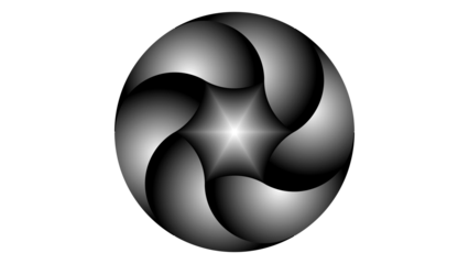 An abstract circular logo design with a black and metallic gray spiral pattern. The soft gradient effect and central light create a futuristic, elegant, and modern feel.