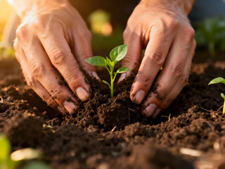 Close-up of gardener hands placing a young plant into rich soil during warm evening light, representing care for the earth, sustainability, and the beauty of natural growth