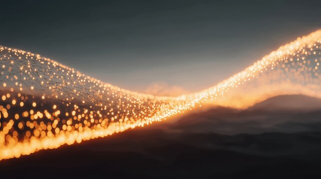 Abstract, glowing, wavy line of interconnected dots on a dark background, visualizing blockchain, big data flow, and digital technology trends - Powered by Adobe