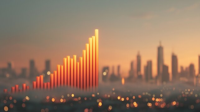 Rising bar chart against a blurred golden sunset city skyline, symbolizing urban economic development, financial success, and corporate achievement