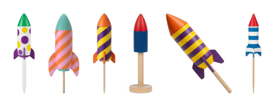 Colorful wooden rocket set including striped, polka dot, and solid designs isolated. Fun party decoration and celebration elements.