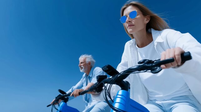 Upward shot of a mature, healthy couple cycling actively under a bright blue sky, promoting an active senior lifestyle and freedom