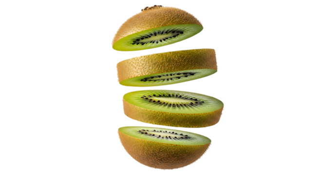Sliced kiwi fruit floating in the air isolated on transparent background