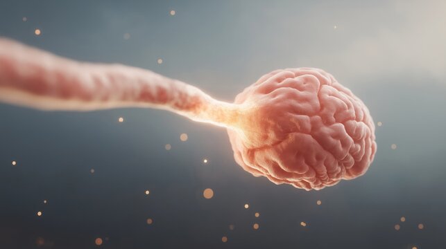 Macro view of a glowing, textured neural structure, representing a single neuron or developing brain connection in warm, ethereal light. Concept for mind and growth