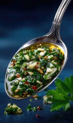 Spoonful of vibrant garlic and herb sauce glistening with sunflower oil, showcasing chopped greens, spices, and diced garlic, ideal for enhancing various dishes at any meal