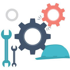 Blue And Gray Gears With Red Gear Spinning Fast Tools And Blue Helmet Illustration With Transparent Background