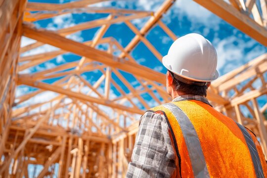 Worker in hard hat and safety vest stands inside a house under construction, gazing at the wooden framework against a bright blue sky with scattered clouds