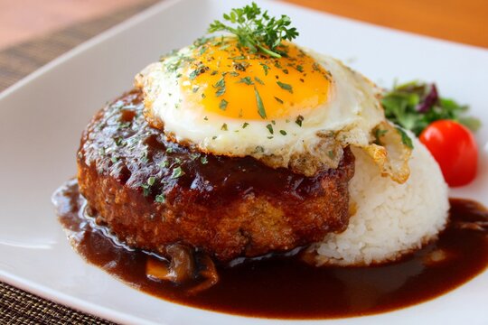 A generous portion of Japanese hambagu is plated with white rice, topped with a sunny-side-up egg, and drizzled with a savory brown sauce. A colorful side salad adds freshness