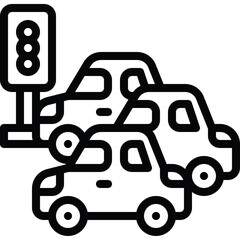 Black Outline Traffic Jam Icon With Three Cars Lined Up Behind Each Other Next To A Traffic Light On A Transparent Background