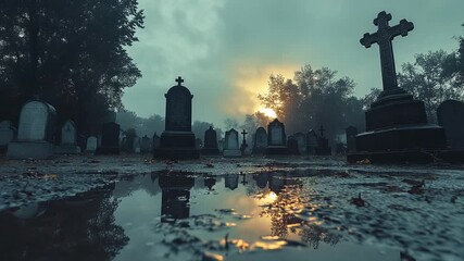 Eerie Reflections - A Graveyards Silent Dawn. - Powered by Adobe