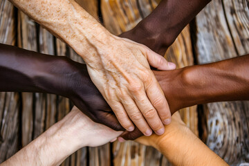 Fototapeta premium United Hands: Interlocking hands of various skin tones come together in a visual representation of unity, cooperation, and diversity, creating a powerful symbol of collaboration.