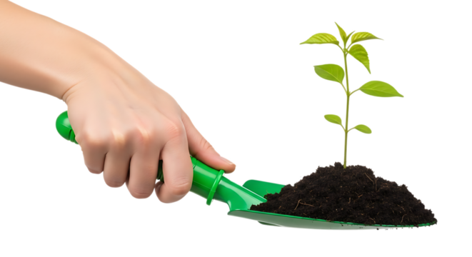 Hand planting a small green seedling in dark soil isolated on transparent background