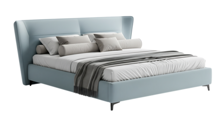 Modern light blue upholstered bed with multiple pillows and a throw blanket isolated on transparent background