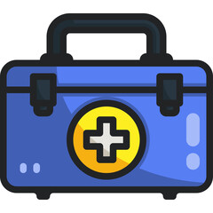 Blue medical first aid kit icon with a white cross inside a yellow circle on a transparent background symbolizes emergency healthcare and safety