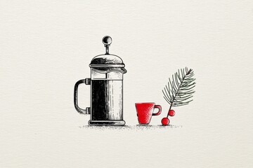 A French press coffee maker with a cup and a sprig of pine. The scene is simple and minimalistic, emphasizing the coffee and holiday elements.
