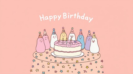 A colorful party scene with a cake surrounded by cute, cartoonish characters in party hats. The background is pink with stars and the text 'Happy Birthday'.
