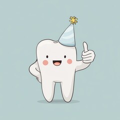 A cartoon tooth character wearing a party hat and giving a thumbs up. The background is a soft blue color, creating a cheerful and playful atmosphere.