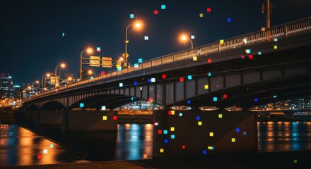 Illuminated City Bridge at Night with Floating Digital Cubes and Water Reflections