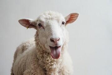 White sheep with a tongue sticking out. The sheep is smiling and he is happy. Concept of joy and playfulness