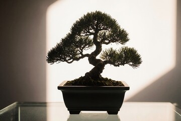 Elegant Bonsai Tree in Modern Pot on Glass Surface for Zen Decor and Home Office Use