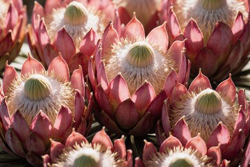 Close up of blooming protea flowers against clear blue sky