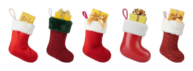 Christmas stocking set including felt, knitted, and 3D rendered designs with gifts isolated. Holiday season and winter celebration collection.