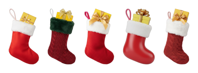 Christmas stocking set including felt, knitted, and 3D rendered designs with gifts isolated. Holiday season and winter celebration collection.