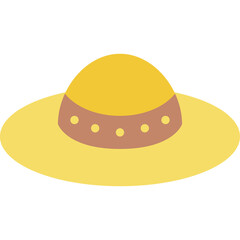 A bright yellow wide brim hat with a decorative brown band featuring yellow dots sits on a transparent background signifying a sunny day accessory for outdoor activities and fashion.