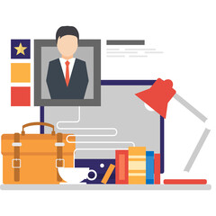 Business Professional Desk Setup With Briefcase Books Coffee Cup Lamp And Computer Screen Displaying Avatar And Star Emblem