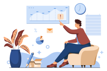 Business Analyst Points at Graph Chart During Meeting Analyzing Data and Strategy Planning with Plant and Office Supplies in Beige Armchair and Blue Color Scheme