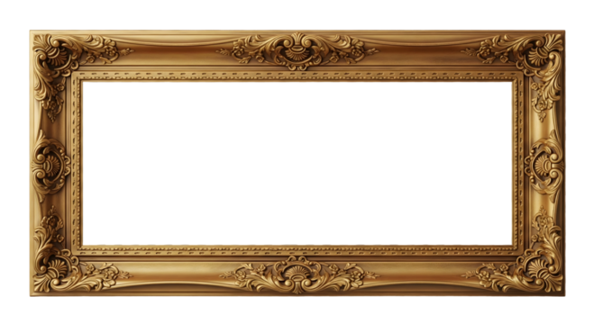 A decorative gold frame. The gold frame is highly ornate, detailed with intricate carvings, ready to showcase art, isolated on transparent background