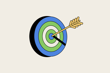 A golden arrow hits the bullseye of a colorful dartboard achieving perfect aim and accuracy