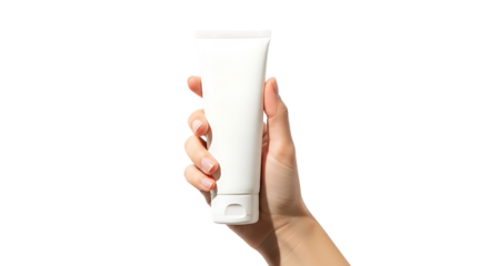 Hand holding a white cosmetic cream tube isolated on transparent background