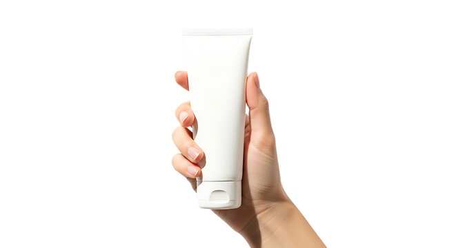 Hand holding a white cosmetic cream tube isolated on transparent background