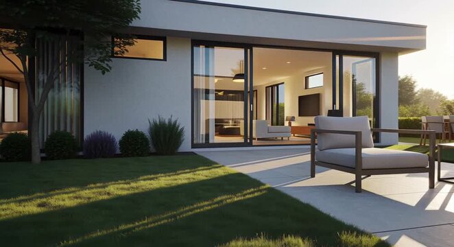 Modern House Patio Exterior with Sliding Doors Outdoor Furniture Lawn and Sunset Lighting Over Greenery