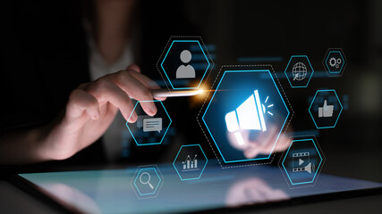 Digital marketing promotion strategy using megaphone, social media marketing, digital ads video...