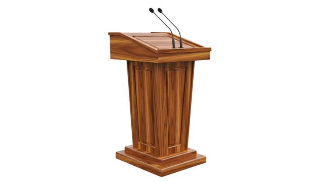 Wooden podium with microphones isolated on transparent background