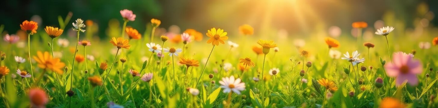 Fototapeta Vibrant wildflowers in full bloom carpet a lush green meadow, bathed in the warm glow of the spring sun Perfect for themes of renewal, growth, and natural beauty , pastel, pink, white
