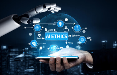 Ethical Considerations in Artificial Intelligence Development and Implementation Using Robotic Hand and Global Digital Symbols on Smartphone Background. Tessel.