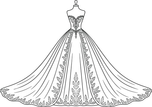 Wedding dress vector, strapless gown, lace embroidery, bridal fashion, CAD drawing, dress form, ornate hemline, floral detail, elegant silhouette, sketch art