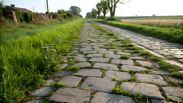 A rustic cobblestone pavement stretches into the distance, its uneven surface composed of mossy gray and ochre stones worn smooth by time and footsteps - Powered by Adobe