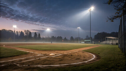 A solitary baseball diamond glows mysteriously under the dim light of distant stadium lamps, emerging from a moody, fog-drenched landscape
