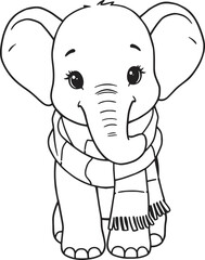Cute baby elephant wearing a striped scarf line art illustration
