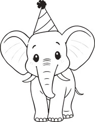 Cute Baby Elephant Wearing Party Hat Line Art Illustration