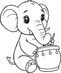 Cute Baby Elephant Playing Drum Line Art