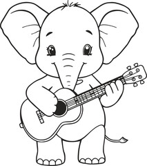 Cute baby elephant playing a guitar line art illustration