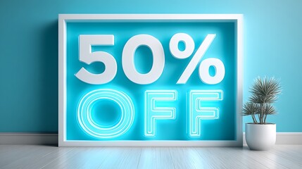 Bold 50% Off promo on cyan background with glow text