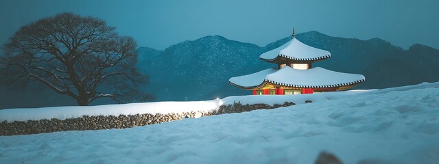 a traditional house covered in snow with mountains in the background